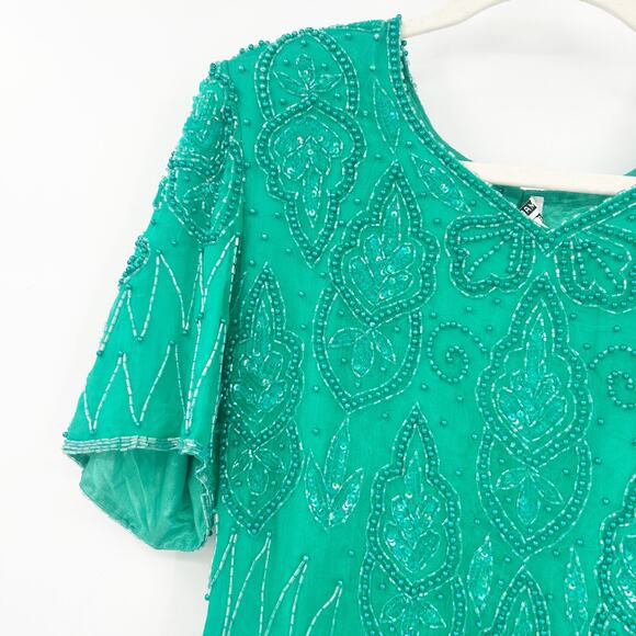 Mark &‎ John Womens VTG Vintage 100% Silk Beaded Sequin Cocktail Dress M Green - Picture 2 of 11
